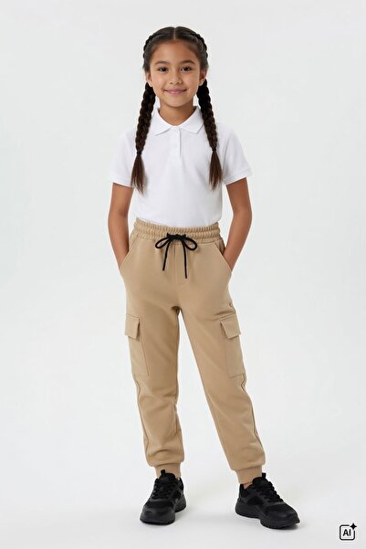 Cansın Mini Cream Elastic Waist Basic Cargo Pocket Girls' School Sweatpants 1...