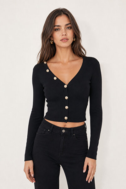 Sienza Women's Black Buttoned Short Ribbed Knit Cardigan