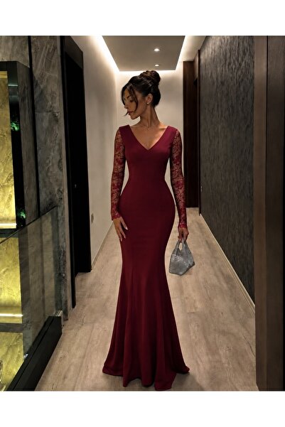 Modafeminen Lace Sleeves V-Neck Burgundy Mermaid Evening Dress 58128
