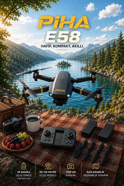 piha E58yeni Fırçasız Motor Hd 720p Çift Kameralı 30dk Uçuş Süresi 2 Bataryal...