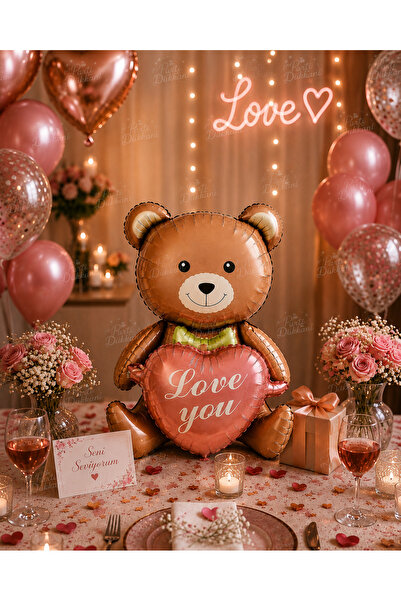 Parti Dükkanı Love You Heart Teddy Bear Foil Balloon 51X54.5 cm Brown Pink Ro...