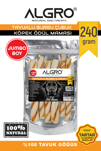Algro %100 Tavuk Göğüs Etli Jumbo Boy Burgu Çubuk 240 gr. %100 sığır derisi