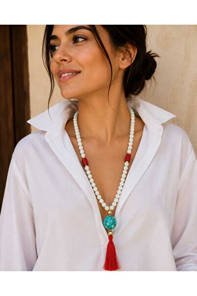 Sinem Şanlı Atelier White Onyx Stone Long Tassel Necklace Handmade Glass Bead...