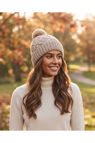 Fonem Women's Pompom Cotton Filay Beanie Fo 2654 Camel, with Shiny Yarn, Knit...