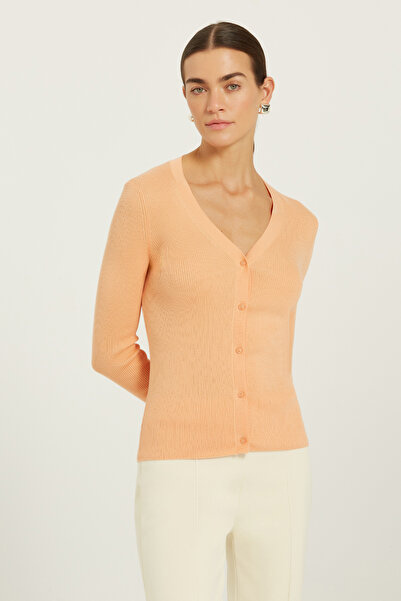 Triko Mısırlı Peach V-Neck Ribbed Women's Cardigan