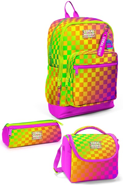 Coral High Set de genți școlare din 3 piese cu model de dame în culori neon p...