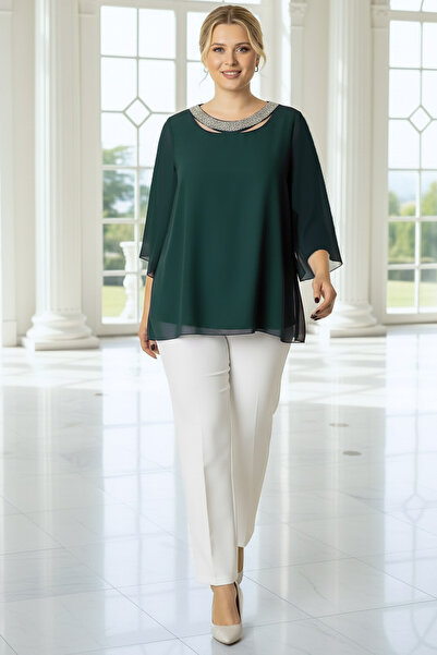 SUBU TASARIM Chiffon Collar Stone Detailed Plus Size Evening Dress Blouse Tbs...