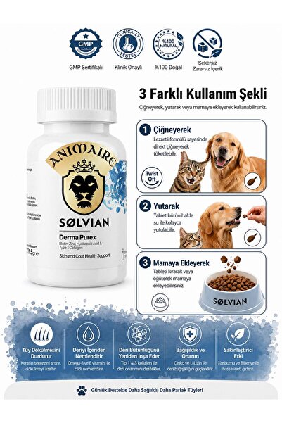 Animaire Solvian Derma Purex Kedi ve Köpek İçin Tüy Dökülmesi Önleyici Kolaje...