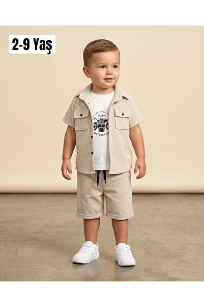 VOY KİDS Boys' Summer 3-Piece Knitted Stylish Holiday Cool Set with Shorts an...