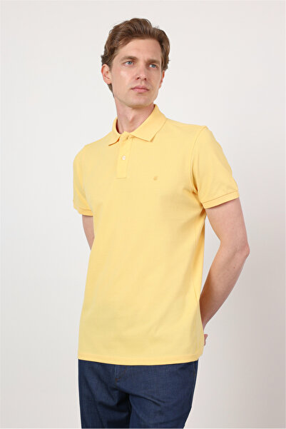 İmza Κίτρινο βαμβακερό μπλουζάκι με γιακά πόλο, κοντό μανίκι, χωρίς τσέπες, σ...