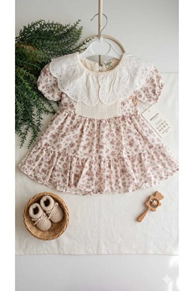 Leylababybutik Fisto ve Müslin Detaylı Çiçekli Kız Bebek Elbise