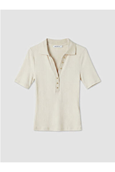 LC Waikiki New Season Ecru Polo Neck Women's Ribbed T-Shirt