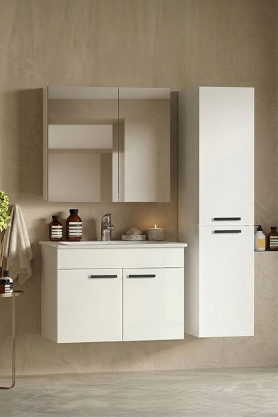 ÖZCEDEN Petunya 75+167 cm Beyaz MDF Seramik Lavabolu Asma Banyo Dolabı Takımı