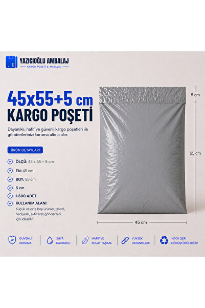 45X55+5 CEPLİ KARGO POŞET - 1.600 ADET -DIŞI GRİ İÇİ SİYAH / İÇ GÖSTERMEZ