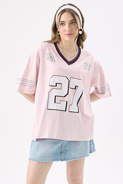 CrepTekstil Crep Kadın 27 Baskılı Kolej Stil V Yaka Kısa Kollu T-Shirt Relaxed Fit %100 Pamuk