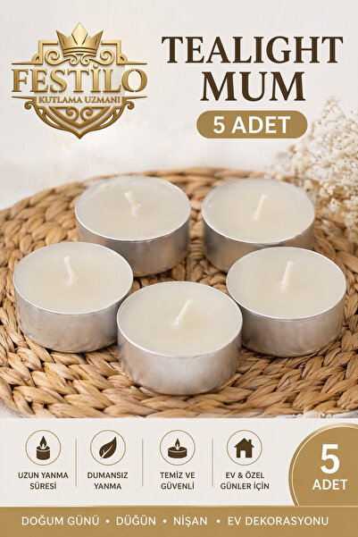 FESTİLO Tealight Mum 5 Adet Kalp Kırmızı Yuvarlak Kırmızı Beyaz Dekoratif Mum