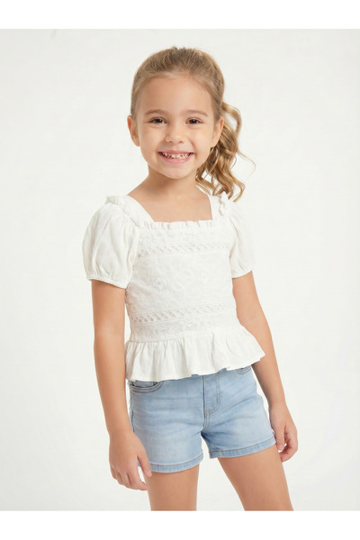 Cortigiani Girls Blouse with Lace Fabric Puff Sleeve