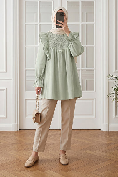 MODAQU Δαντελωτό Κεντημένο Τούνικ με Βολάν στους Ώμους - Θαλασσί Πράσινο