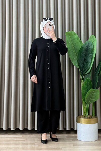 ALYA ESİN TAKIM Kristal Kumaş Siyah Pantolonlu İkili Tesettür Takım