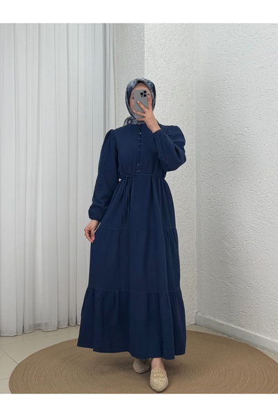 MİHRA STORE فستان موسلين مطوي بأزرار كريستالية-ML2143 أزرق داكن