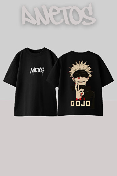Anetos Μπλουζάκι Gojo Satoru 1 με στάμπα στην πλάτη, βαμβακερό, μαύρο, oversize
