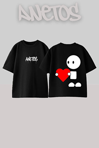 Anetos Tricou oversize negru din bumbac cu imprimeu pe spate Heart Holder Design
