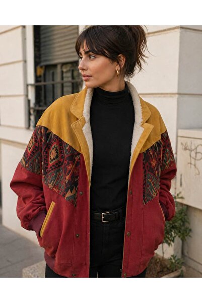 CANMODA (7982) Recien Unisex Γιακάς από γούνα Vintage Αζτέκικο Μπουφάν Oversi...