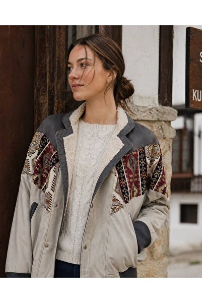 CANMODA (7983) Recien Unisex Γούνινο Γιακά Vintage Αζτέκικο Μπουφάν Oversize ...