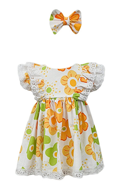 fantasialand Rochie botez cu maneci scurte, model Flori, culoare alb-galben