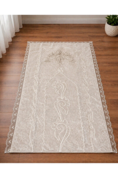 Hig Store Elegance Kadife Fransız Güpürlü Nakışlı Seccade.Krem.70x110