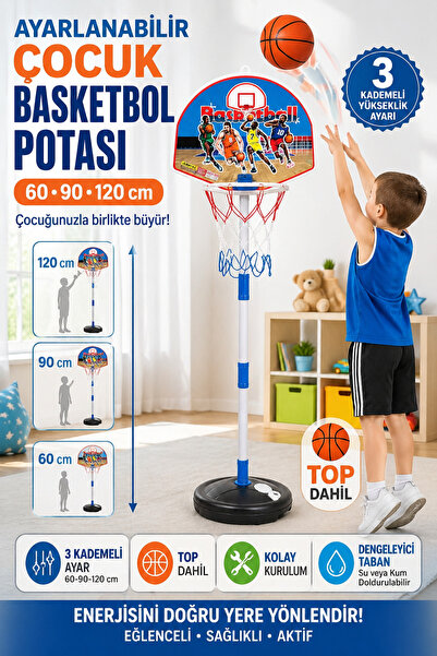 YILDIRIM OYUNCAK Ayarlanabilir Çocuk Basketbol Potası 60-90-120 cm – Top Dahi...