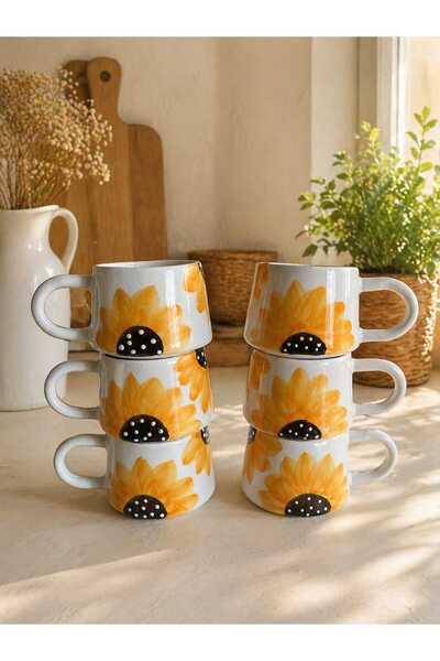 CEYU SERAMİK Hand Painted Sunflower Ceramic Mug Set (6 Pieces)