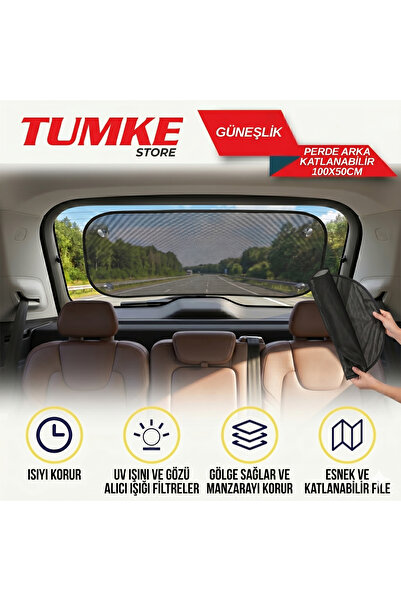 TUMKE Araç İçi Arka Cam Güneş Kesici Katlanabilir Perde 100x50 cm Fileli Prat...