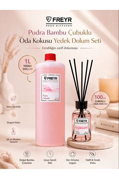 FREYR Oda Kokusu Çubuklu 100 ml Pudra ve 1 Litre Yedek Dolum Likiti Bambu Çub...