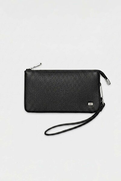 ablukaonline Unisex Genuine Leather Zippered Long Wallet Black
