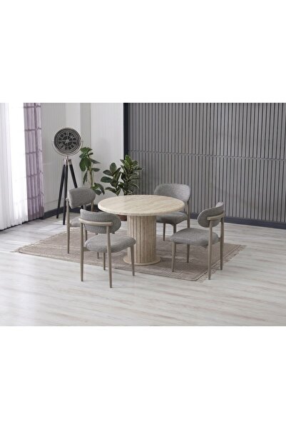 JoyMassa LİNA BOHEM 90x90 TRAVERTEN YUVARLAK MASA & 4 POLO SANDALYE SETİ