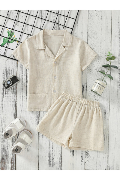 Take Two By Styli Boys Beige Linen-Look Shirt and Shorts Set