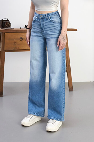 alanora Women's High Waist Faded Effect Wide Leg Palazzo Jeans