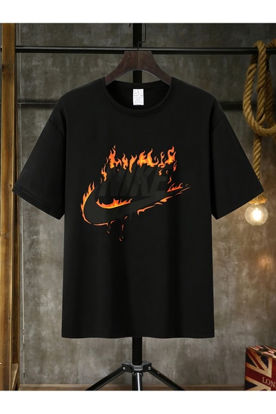 yiou trendy clothing تي شيرت رجالي بشعار اللهب وتصميم اللهب