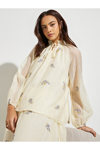 Styli Off White Embroidered Tie-Up Neck Blouse