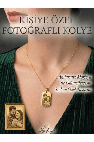 morfeya Paslanmaz Çelik Fotoğraflı Kolye Kişiye Özel Lazer Kazıma Altın Renk ...