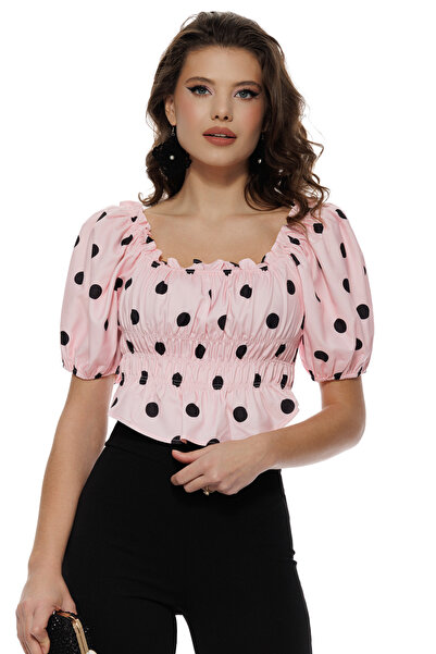 Fofy Women's retro pink blouse with Polka Dot and puff sleeves