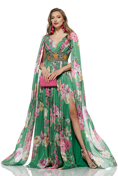 Fofy Rochie de ocazie lunga de LUX spectaculoasa din voal cu imprimeu floral ...