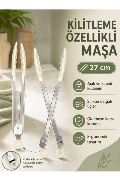 MappleHome Kilitli Silikon Uçlu Mutfak Maşası 27 cm – Paslanmaz Çelik Gövde