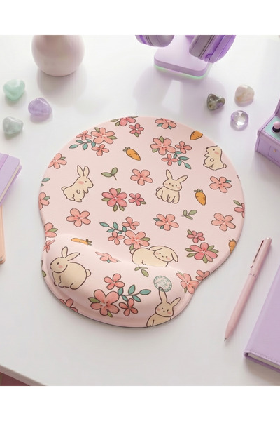 matizya Tavşan ve Çiçek Desenli Bilek Destekli Mousepad – Pastel Kawaii Ergon...