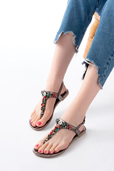 Zerenyus Zri̇n-1110 Premium Platinum Multi Stone Women's Flip Flop Sandals