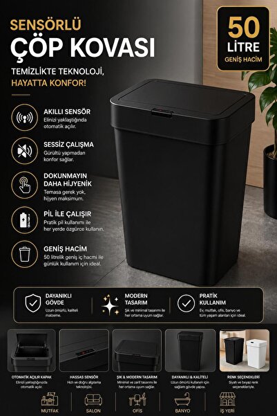 Funny Life 50L Sensörlü Çöp Kovası Otomatik Kapaklı Akıllı Çöp Kutusu Sessiz ...