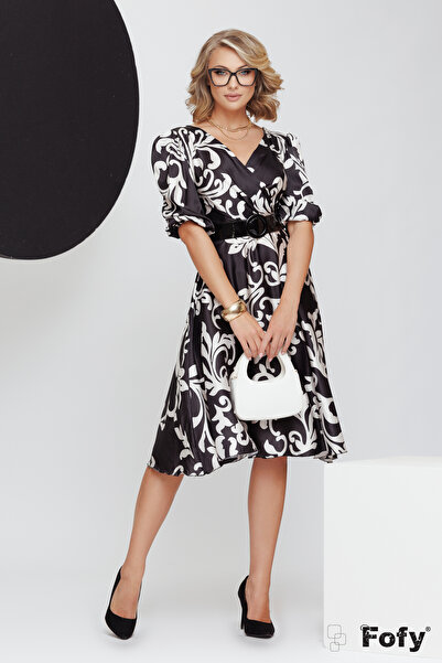 Fofy Rochie eleganta midi din voal satinat imprimeu floral negru decolteu pet...
