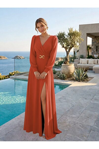 FaBe Fashion KRUVAZE YAKA UZUN KOLLU BELİ TOKALI YIRTMAÇLI ŞİFON NİKAH VE DIŞ...
