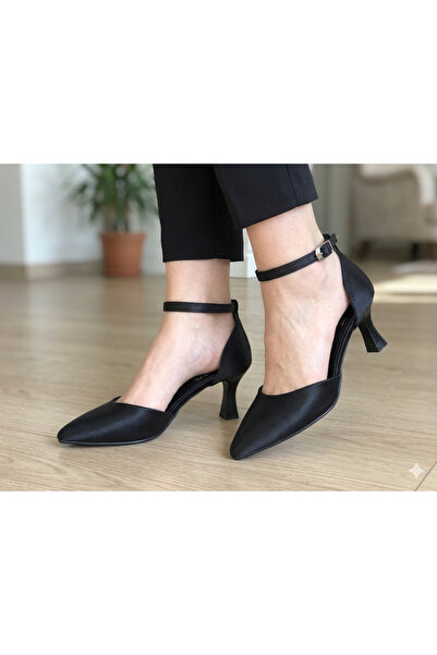 Kadın siyah saten 6 cm topuklu ayakkabı